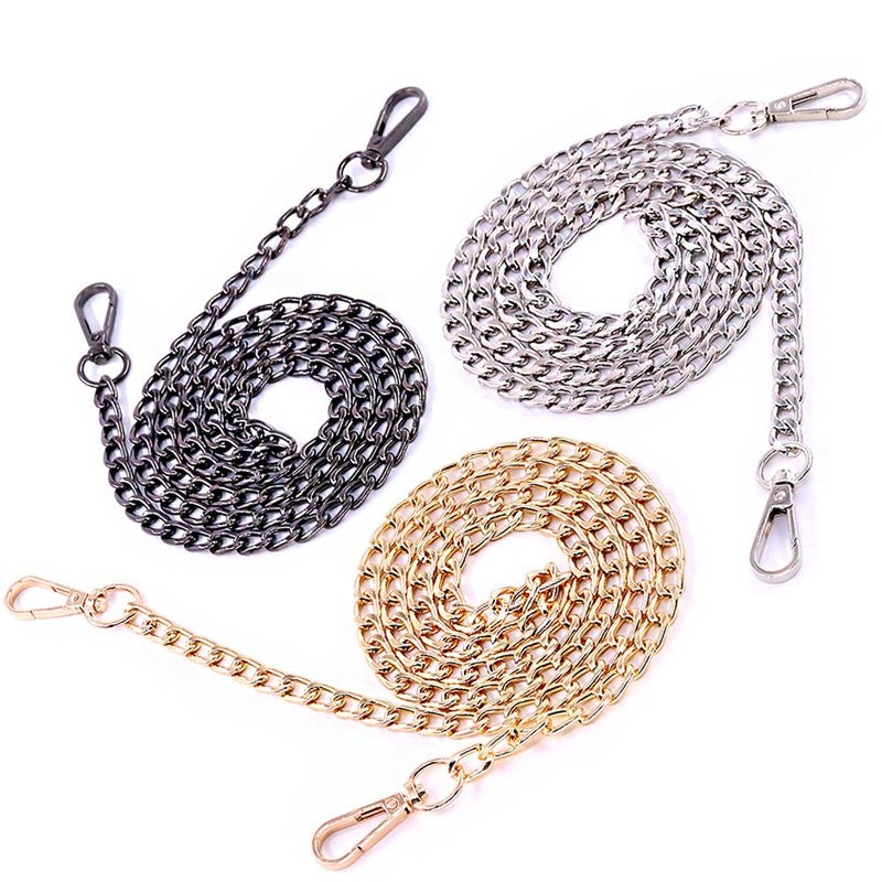 Swpeet 3Pcs Premium Polished Metal Chain Fashion 47 Inche Replacement Flat Chain Strap with Buckles Set Perfect for DIY Metal Shoulder Cross Body Bag Hand Bag Purse ReplacementGoldSilverGunBlack