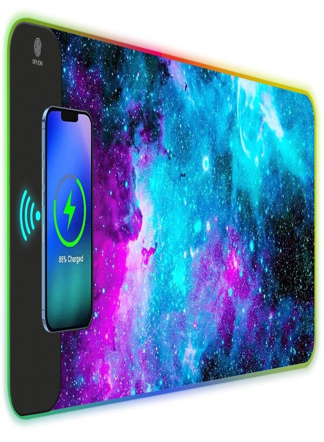 AIMSA Wireless Charging RGB Gaming Mouse Pad 15W, Extended LED Desk Mat Protector 800x300x4MM, 14 Light Modes Extra Large Mousepad Non-Slip Rubber Base Desk Mat, Galaxy Nebula Universe - Image 1
