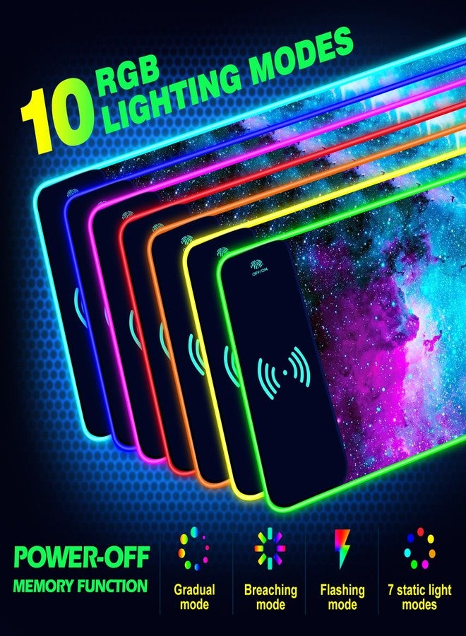 AIMSA Wireless Charging RGB Gaming Mouse Pad 15W, Extended LED Desk Mat Protector 800x300x4MM, 14 Light Modes Extra Large Mousepad Non-Slip Rubber Base Desk Mat, Galaxy Nebula Universe - Image 2