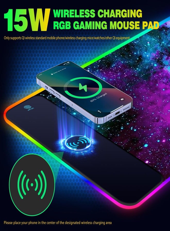 AIMSA Wireless Charging RGB Gaming Mouse Pad 15W, Extended LED Desk Mat Protector 800x300x4MM, 14 Light Modes Extra Large Mousepad Non-Slip Rubber Base Desk Mat, Galaxy Nebula Universe - Image 3