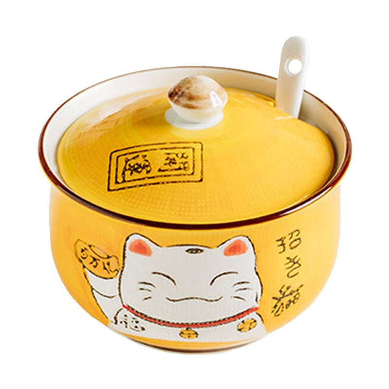MISS TUTU Ceramic Japanese Lucky Cat Sugar Bowl Salt Storage Jar with Lid and Spoon