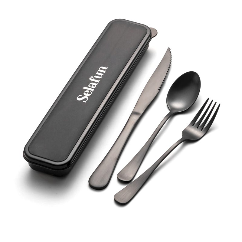 Selafun 4-pieces Travel Set with Case Portable Silverware Utensils Set for work, Stainless Steel Reusable Flatware Set Cutlery Set for Camping Picnic Hiking Office (6.7inch, Matte Black) - Image 1
