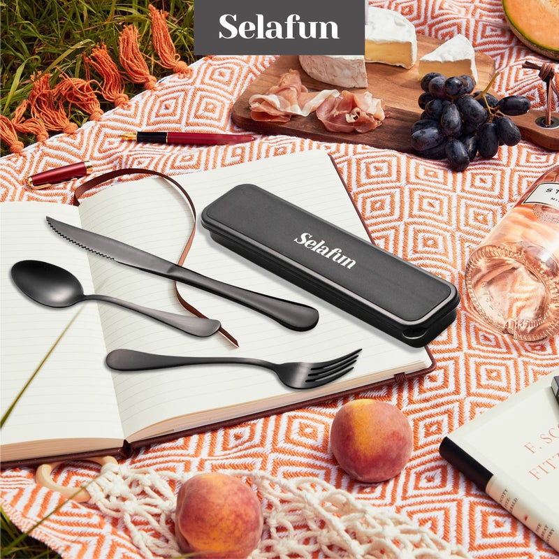 Selafun 4-pieces Travel Set with Case Portable Silverware Utensils Set for work, Stainless Steel Reusable Flatware Set Cutlery Set for Camping Picnic Hiking Office (6.7inch, Matte Black) - Image 5