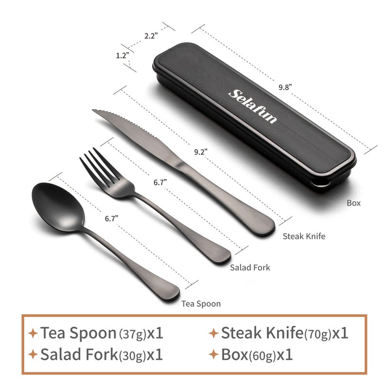 Selafun 4-pieces Travel Set with Case Portable Silverware Utensils Set for work, Stainless Steel Reusable Flatware Set Cutlery Set for Camping Picnic Hiking Office (6.7inch, Matte Black) - Image 2