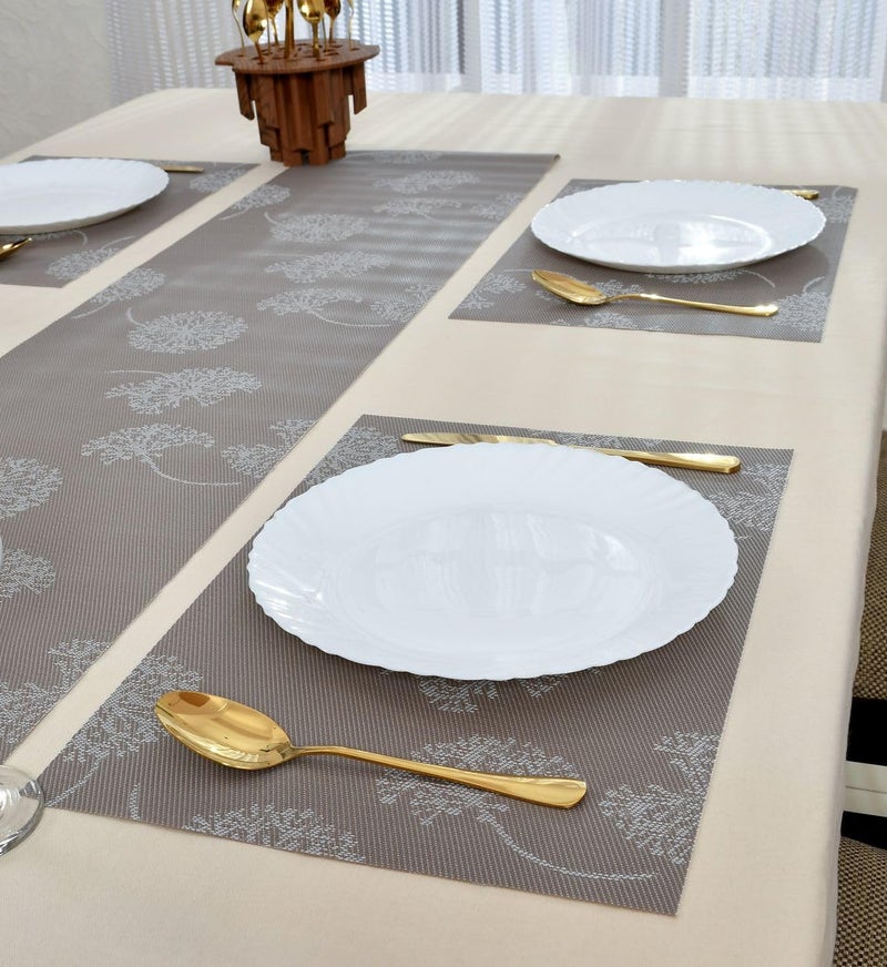 Yellow Weaves 4 PVC Dining Table Placemats with 1 Runner (30 X 135 CM), Set of 5 - Beige - Image 1
