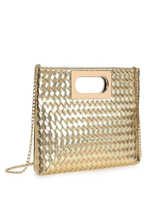 IXEBELLA Dressy Woven PU Leather Small Handbag, Fashion Women Party Clutch Purse, Formal Bag for Wedding, Prom, Cocktail (Light Gold-woven) - Image 4