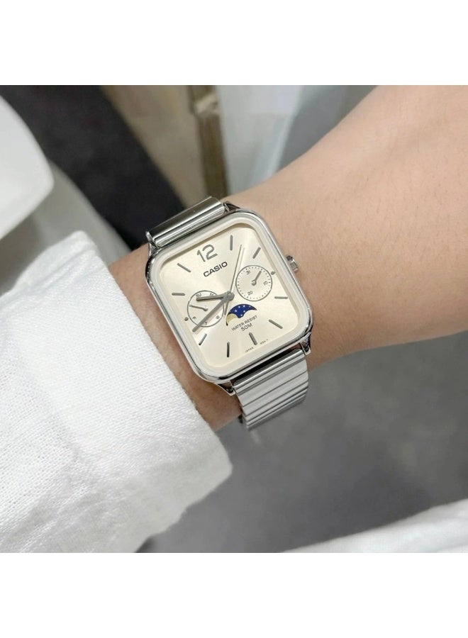 CASIO ساعة كاسيو MTP-M305D-9A للرجال بمرحلة القمر، هيكل من الفولاذ المقاوم للصدأ، قرص ذهبي، تناظرية متعددة الوظائف – عرض اليوم والتاريخ، مقاومة للماء حتى 50 متر - Image 3