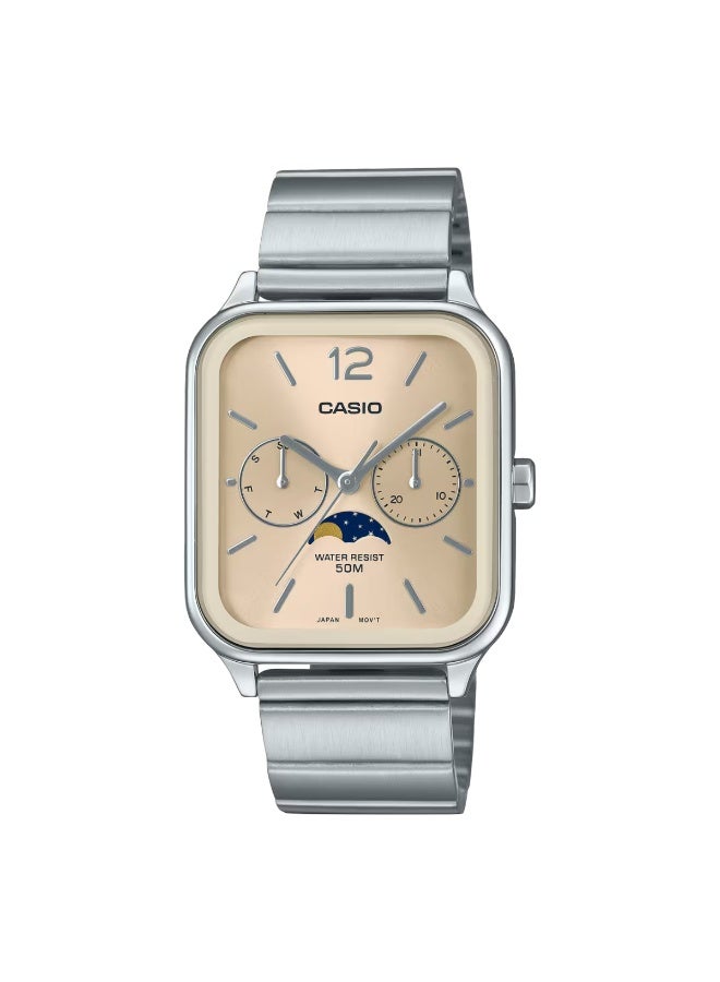 CASIO ساعة كاسيو MTP-M305D-9A للرجال بمرحلة القمر، هيكل من الفولاذ المقاوم للصدأ، قرص ذهبي، تناظرية متعددة الوظائف – عرض اليوم والتاريخ، مقاومة للماء حتى 50 متر - Image 1