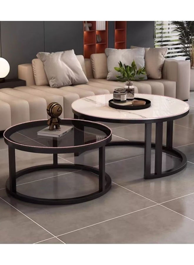 NKX Light luxury modern simple round small apartment coffee table living room home rock plate coffee table round 70cm Black&White - Image 1
