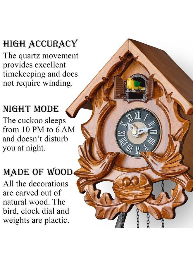TIMEGEAR Cuckoo Clock with Night Mode, Singing Bird and Carved Wood Decorations (Cherry) - Image 2