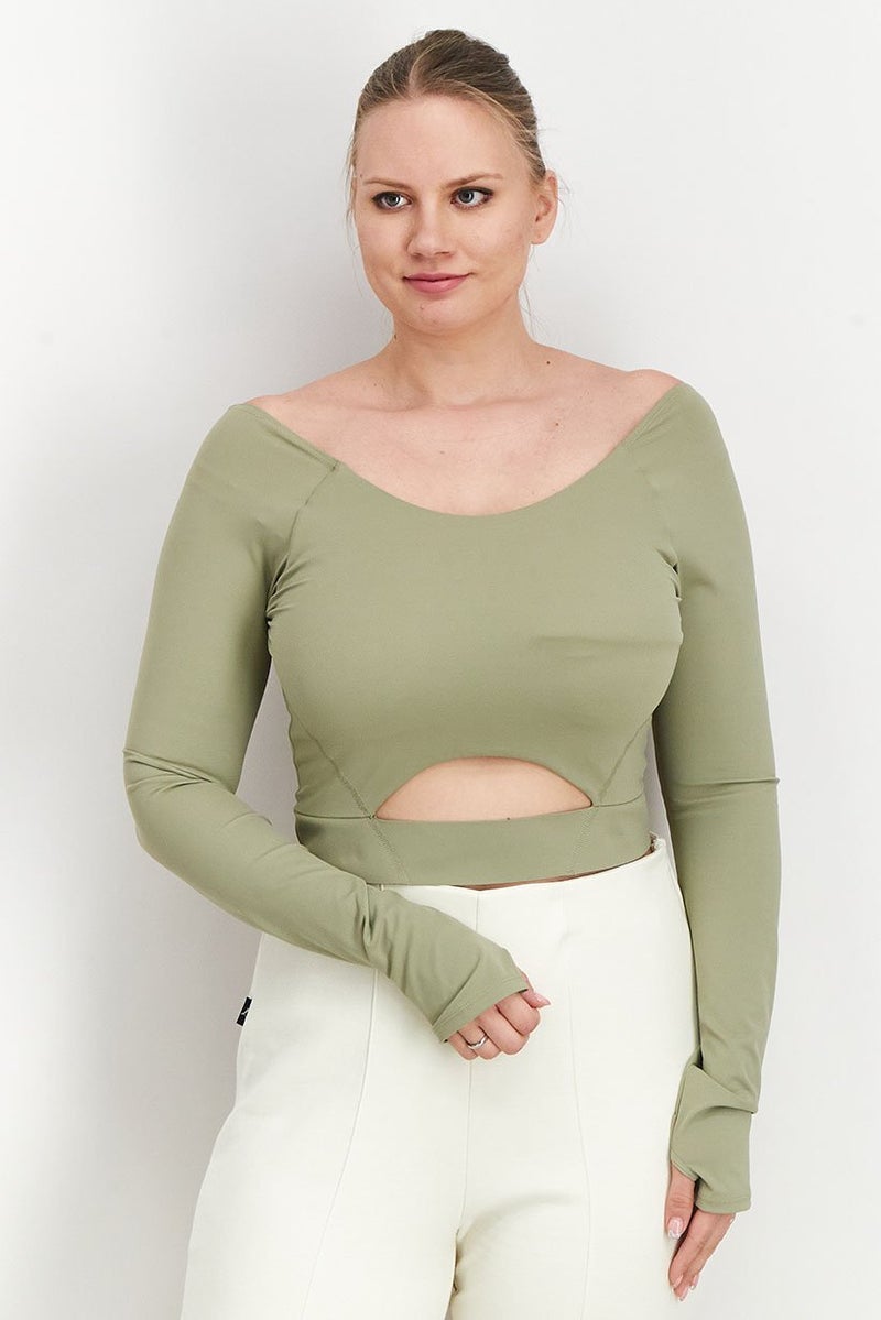 Reserved بلوزة نسائية بقصة قارب بأكمام طويلة ومق cropped، زيتوني - Image 1