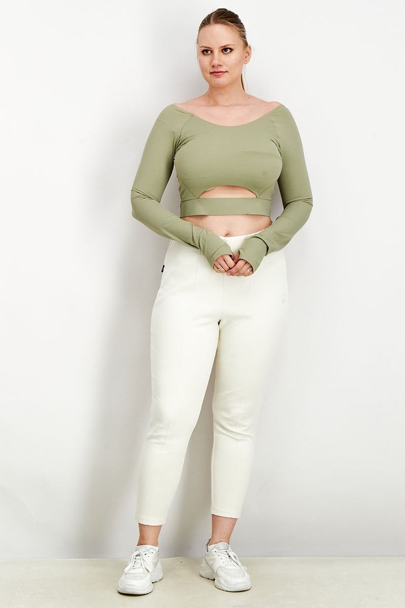 Reserved Women Boat Neck Long Sleeve Plain Cropped Top, Olive - Image 2