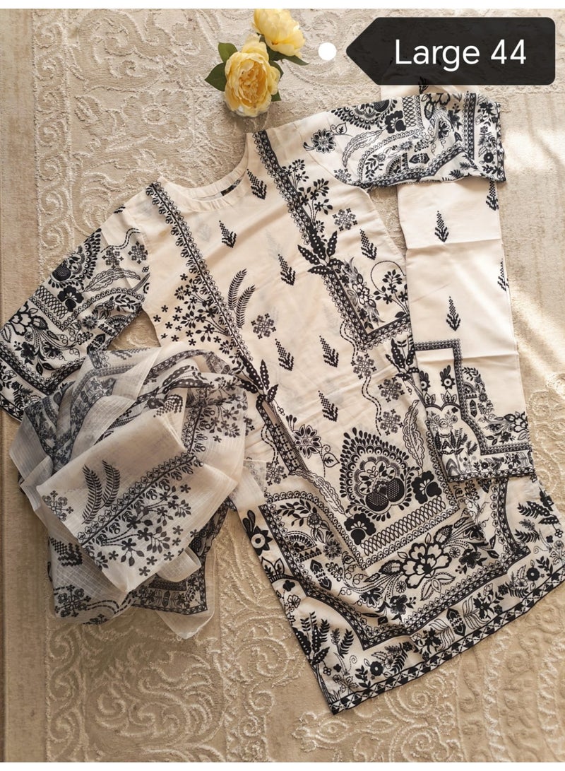 Women's Lawn 3-Piece Printed Suit - Black & White, Large 44 - Image 2