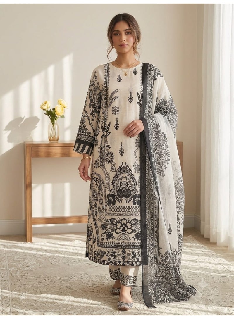 Women's Lawn 3-Piece Printed Suit - Black & White, Large 44 - Image 1