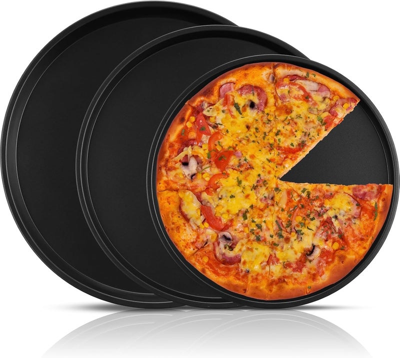 Zipron Pizza Pans 1023114121 Inches Set of 3 Stainless Steel Pizza Pan Black Non Stick Pizza Baking Pans Pizza Oven Pans Tray Round Serving Plate for Pie Cookie Pizza Cake Baking Grilling - Image 1
