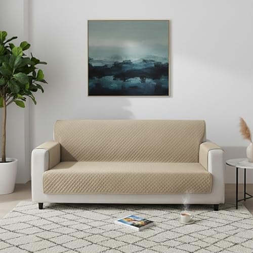 Yellow Weaves 3 Seater Box Design Quilted Velvet Sofa Cover Protector, 1 Piece, Beige - Image 3