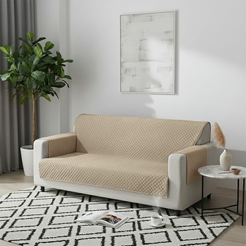 Yellow Weaves 3 Seater Box Design Quilted Velvet Sofa Cover Protector, 1 Piece, Beige - Image 1