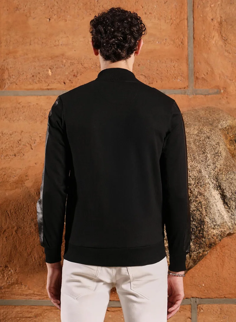 Campus Sutra Campus Sutra Men's Onyx Black Self-Block Bomber Jacket | Baseball Collar , Ribbed Cuff Sleeves , Zipper Closure , Straight Hem | Solid Plain For Casual & Daily Wear