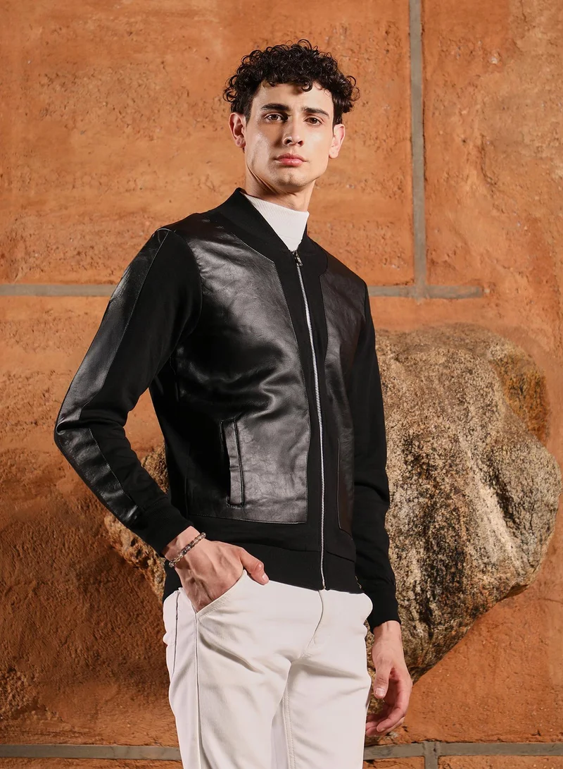 Campus Sutra Campus Sutra Men's Onyx Black Self-Block Bomber Jacket | Baseball Collar , Ribbed Cuff Sleeves , Zipper Closure , Straight Hem | Solid Plain For Casual & Daily Wear