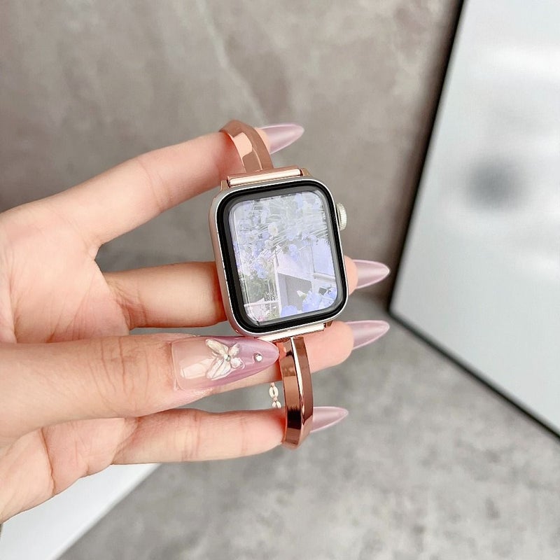 مشبك معدني بسيط لساعة iWatch مع قلادة، باللون الأصفر الذهبي، مقاسات 42مم 44مم 45مم 46مم 49مم، سوار متعدد الألوان عصري مناسب للارتداء اليومي والتنقل إلى العمل والملابس الكاجوال، متوافق مع Apple Watch السلسلة 1 2 3 4 5 6 7 8 9 10 Ultra SE. - Image 5