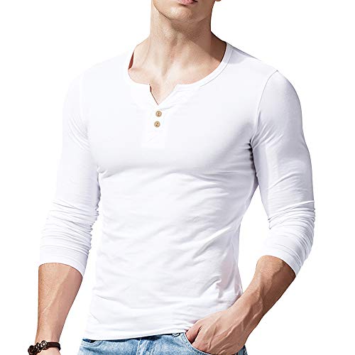 palglg Mens Long Sleeve Muscle Slim Fitted Cotton Henley T-Shirt with Buttons White L - Image 1