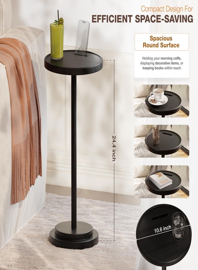 BLUEWEST Drink Table, 24.4" Tall Compact Side Table with Phone Slot and Weighted Base, Durable Pedestal Table Accent for Living Room (Flat, Walnut) (Black, Double Base) - Image 2