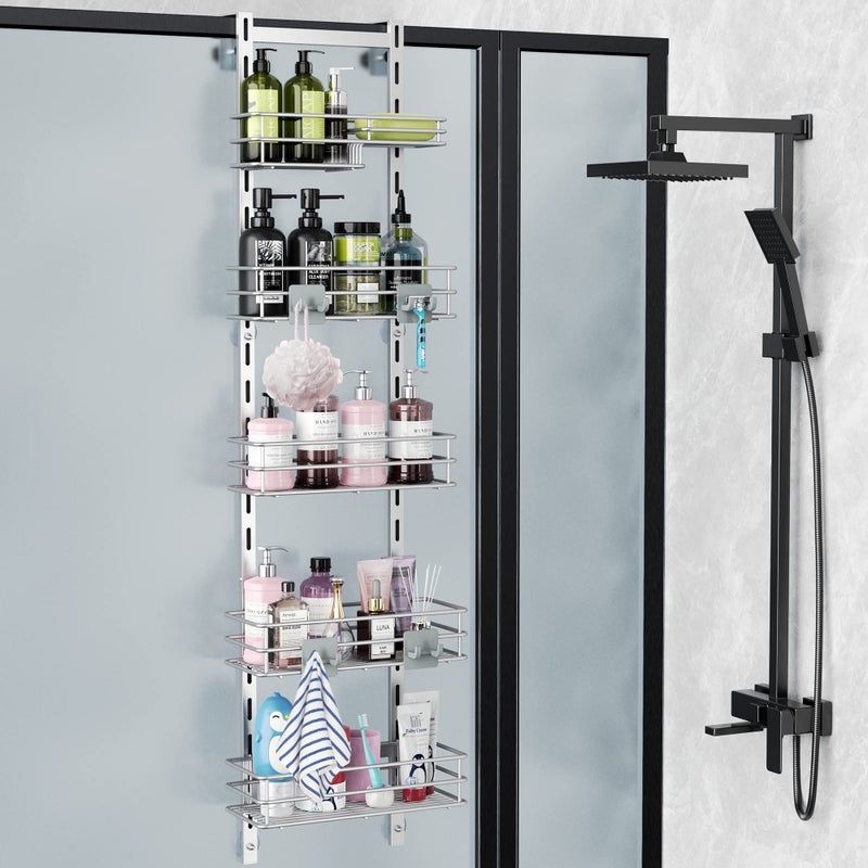 Orimade Over the Door Shower Caddy Adjustable 5 Tier Silver GreyBathroom Hanging Organizer Shelf Rustproof with 4 HooksShower Basket with Soap Holder and Suction Cup