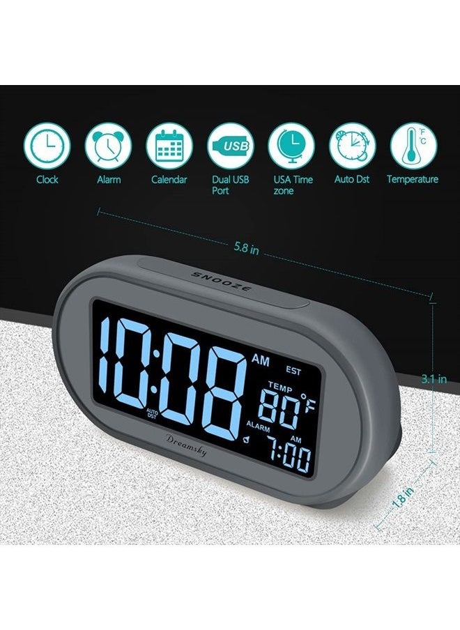 DreamSky - Auto Set Alarm Clock for Bedroom, Digital Desk Clock with 0-100% Dimmable Brightness Dimmer, Auto DST, Date, Temperature, USB Ports, Snooze, Electric Bedside Clock Nightstand - Image 1