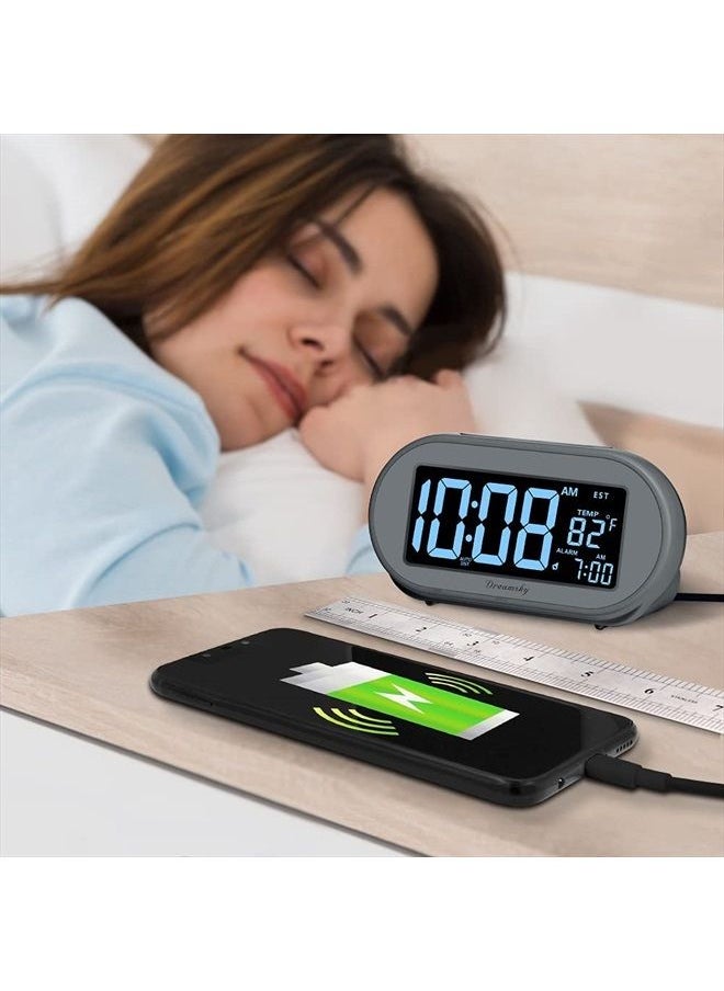 DreamSky - Auto Set Alarm Clock for Bedroom, Digital Desk Clock with 0-100% Dimmable Brightness Dimmer, Auto DST, Date, Temperature, USB Ports, Snooze, Electric Bedside Clock Nightstand - Image 1