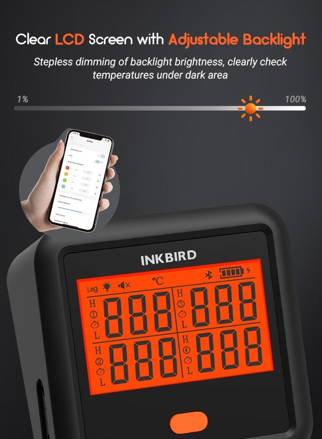إنك بيرد Bluetooth مِحرار لحم INKBIRD بلوتوث IDT-34c-B للشواء والتدخين مع 4 مسابير لحم، شاشة LCD خلفية مُضاءة بتعتيم متدرج، تنبيه مسبق لدرجة الحرارة، إنذارات عالية/منخفضة، ومؤقتات - Image 5