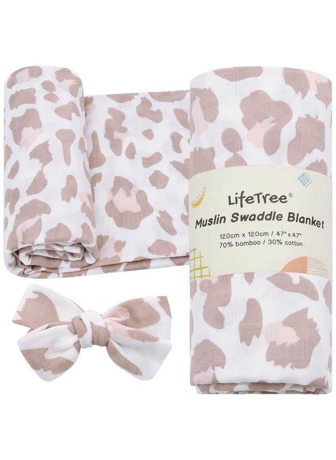 LifeTree Baby Muslin Swaddle Blankets Girl Newborn Receiving Blanket With Headband Bow Set Baby Swaddle Blush Leopard Print Nursery Swaddle Wrap  - Image 1