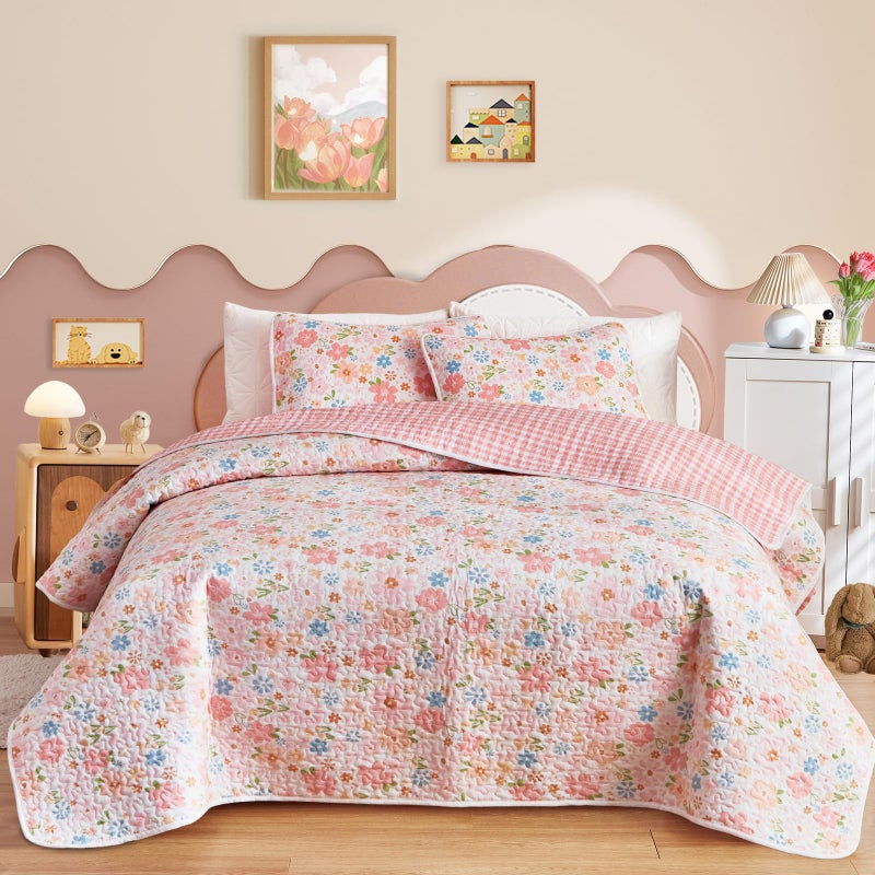 Joyreap 2 Pieces Cotton Quilt Set for Girls Twin Size Floral Pink Flowers Design Cozy Lightweight Quilt Bedspread Bed Cover for All Season 1 Quilt and 1 Pillow Sham 68x86 inches