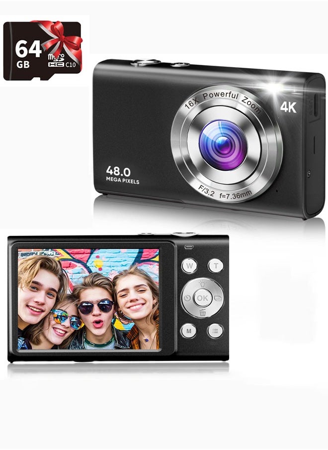IqwiCam Digital Camera, 4K Cameras Digital with 64GB SD, 48MP Digital Point and Shoot Camera with 16X Zoom Anti Shake, Compact Small Camera for Boys Girls Kids  - Image 1