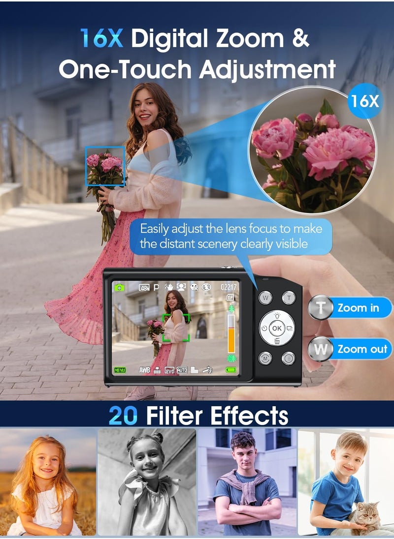 IqwiCam Digital Camera, 4K Cameras Digital with 64GB SD, 48MP Digital Point and Shoot Camera with 16X Zoom Anti Shake, Compact Small Camera for Boys Girls Kids  - Image 5