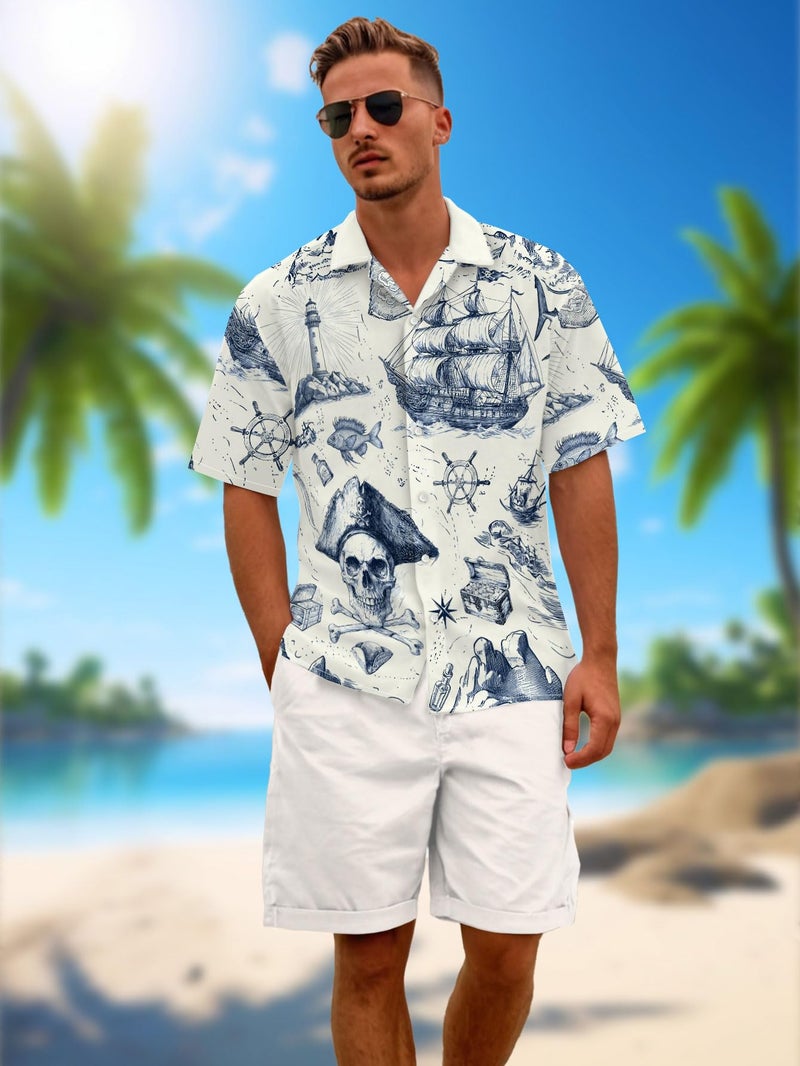 DFZ Men's Pirate Button Down Shirt Nautical Cruise Hawaiian Short Sleeve Shirt Pirate Night Outfits for Tropical Beach Party Blue - Image 2