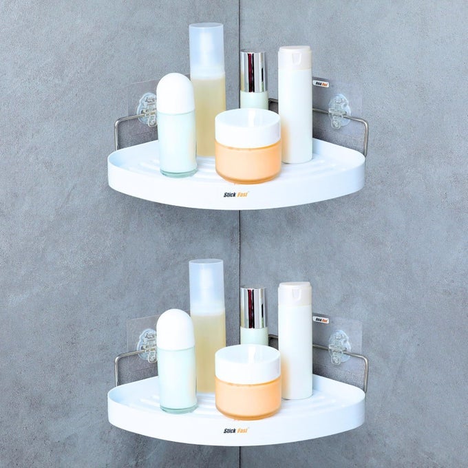 SF STICK FAST BATHROOM CORNER SHELF SELF ADHESIVE RACK WITH 3M STICKER FOR WALL MOUNT SHELF MULTIPURPOSE FOR KITCHEN BATHROOM STORAGE ORGANIZER PACK OF 2 WHITE ABS