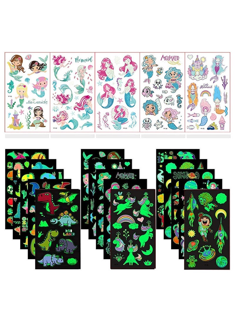 قوس قزح أورينبو 20 ورقة وشم مؤقتة تتوهج في الظلام، ملصقات وشم وهمية مقاومة للماء، وحيد القرن المضيء، حورية البحر، الفضاء الخارجي، وشم ديناصور كرتوني للأطفال الأولاد والبنات، لوازم الحفلات - Image 1