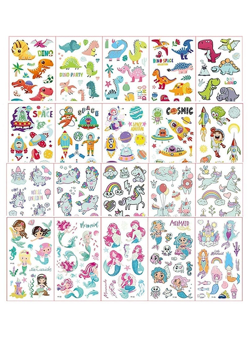 قوس قزح أورينبو 20 ورقة وشم مؤقتة تتوهج في الظلام، ملصقات وشم وهمية مقاومة للماء، وحيد القرن المضيء، حورية البحر، الفضاء الخارجي، وشم ديناصور كرتوني للأطفال الأولاد والبنات، لوازم الحفلات - Image 4