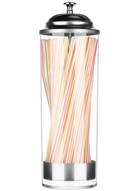 Straw Dispenser, Stainless Steel Plastic Drinking Straw Organizer Container with Lid, Transparent Drinking Straw Holder (27cm / 10.6in, Drinking Straw is Not Include)