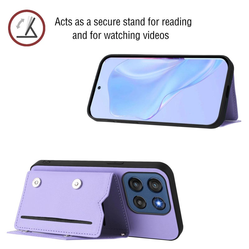HuHa Case Cover For Motorola Edge 60 Stylus 5G Skin Feel Four Card Slots Phone Case with Wrist Strap(Purple) - Image 4