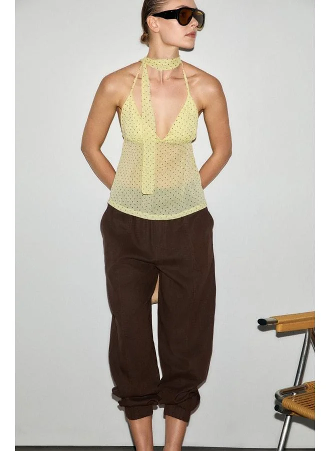 GRIMELANGE CALATEA Women's Strappy Polka-Dot Scarf-Detail Yellow Blouse.