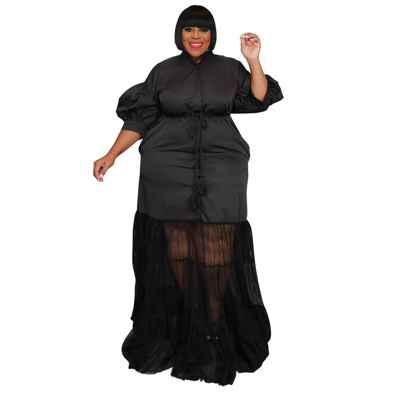 N7937 European and American cross-border Amazon temperament semi-mesh short-sleeved autumn cardigan lapel low-cut plus size dress Black