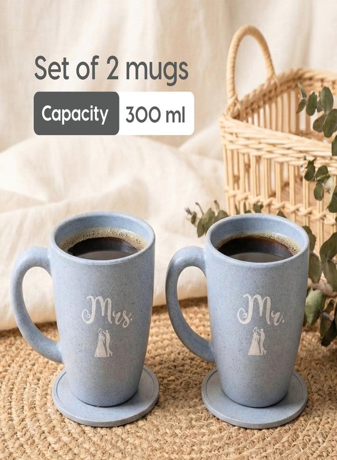 Eha Earth-Friendly Mr & Mrs Classic Coffee Mugs for Couple | Wedding Gift for Couples| Made with Rice Husk| Two Mugs, Coasters Set of 2, Keychain & One Loopac Box | 300 ml | Azure - Image 3