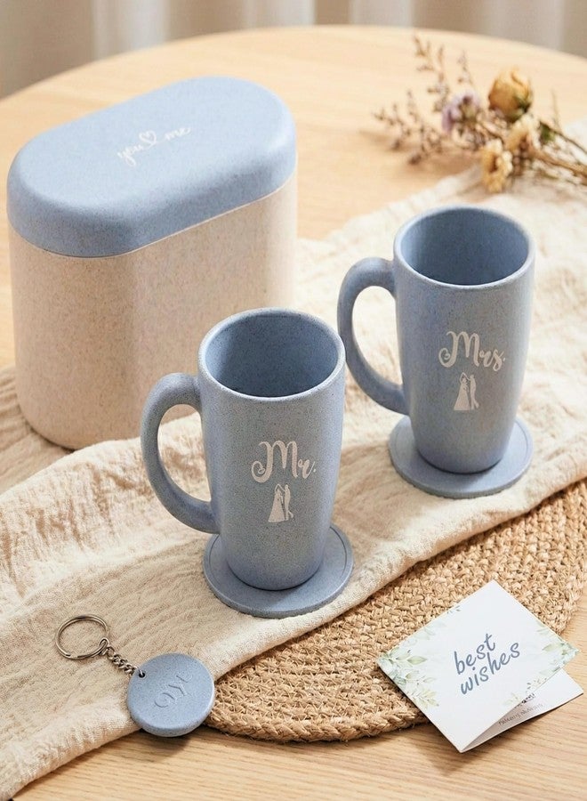 Eha Earth-Friendly Mr & Mrs Classic Coffee Mugs for Couple | Wedding Gift for Couples| Made with Rice Husk| Two Mugs, Coasters Set of 2, Keychain & One Loopac Box | 300 ml | Azure - Image 1