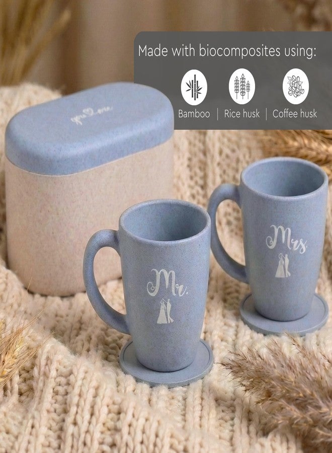 Eha Earth-Friendly Mr & Mrs Classic Coffee Mugs for Couple | Wedding Gift for Couples| Made with Rice Husk| Two Mugs, Coasters Set of 2, Keychain & One Loopac Box | 300 ml | Azure - Image 4
