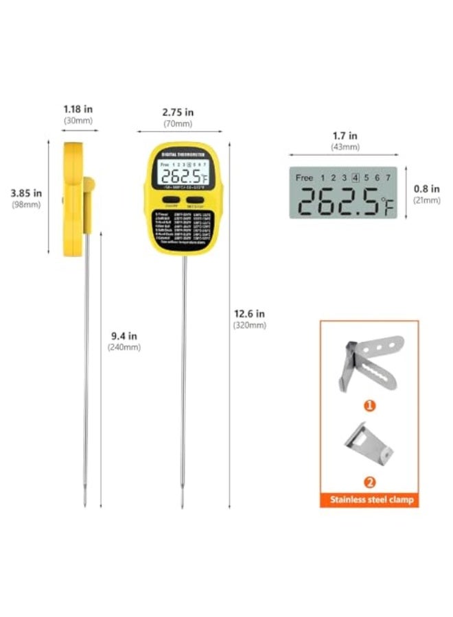 Thermometer with pot clamp, 9.4-inch instant reading probe, IPX5 waterproof digital meat thermometer, suitable for cooking, sugaring, frying, grilling, smoking, and deep-frying (yellow). - Image 4