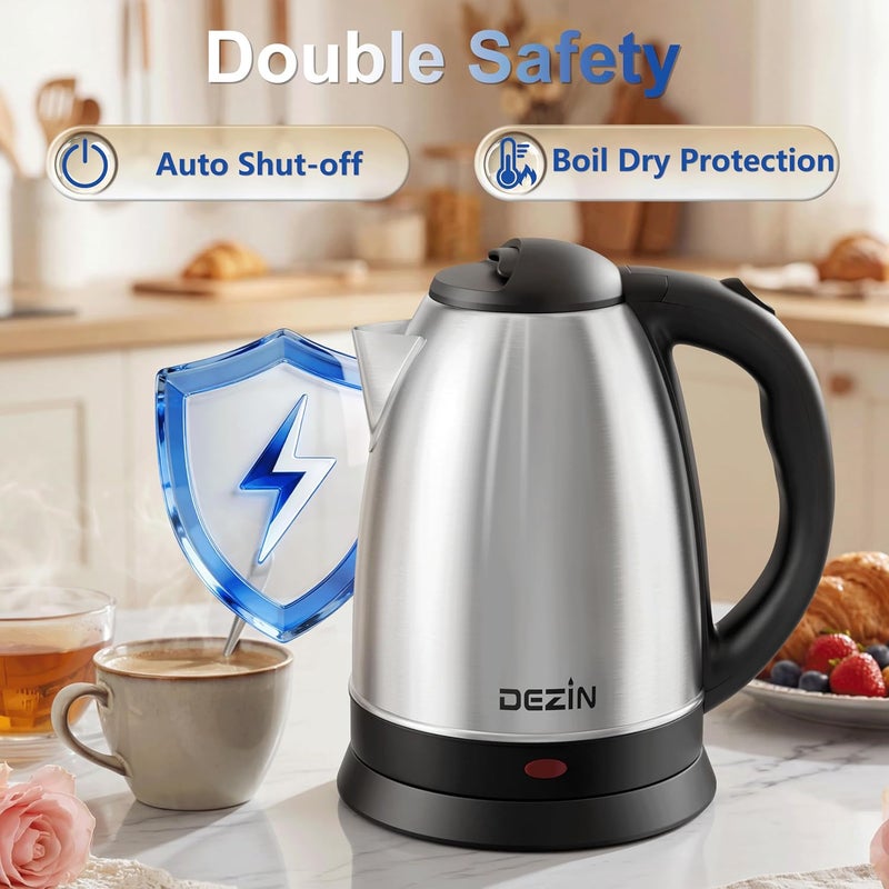 DEZIN Electric Kettle Upgraded, BPA Free 2L Stainless Steel Tea Kettle, Fast Boil Water Warmer with Auto Shut Off and Boil Dry Protection Tech for Coffee, Tea, Beverages - Image 3