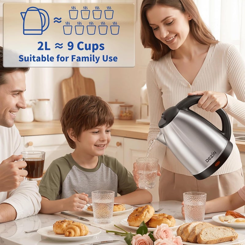 DEZIN Electric Kettle Upgraded, BPA Free 2L Stainless Steel Tea Kettle, Fast Boil Water Warmer with Auto Shut Off and Boil Dry Protection Tech for Coffee, Tea, Beverages - Image 2