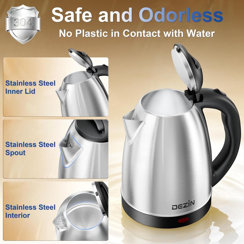 DEZIN Electric Kettle Upgraded, BPA Free 2L Stainless Steel Tea Kettle, Fast Boil Water Warmer with Auto Shut Off and Boil Dry Protection Tech for Coffee, Tea, Beverages - Image 4