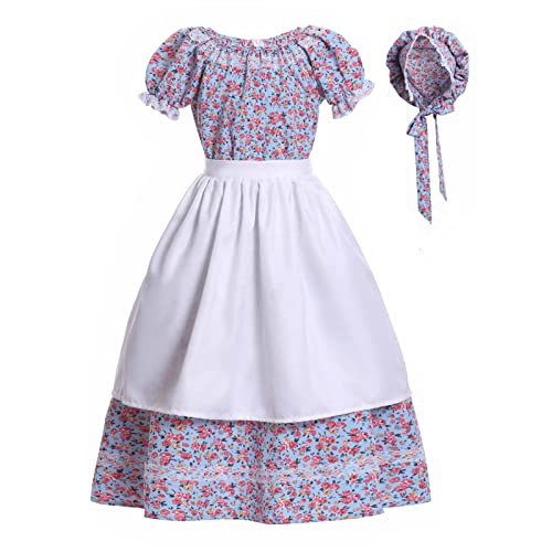Vibsion Girls Pioneer Prairie Costume Pilgrim Dress Kids Floral Colonial Village Girl Costumes Bonnet Apron Set - Image 1